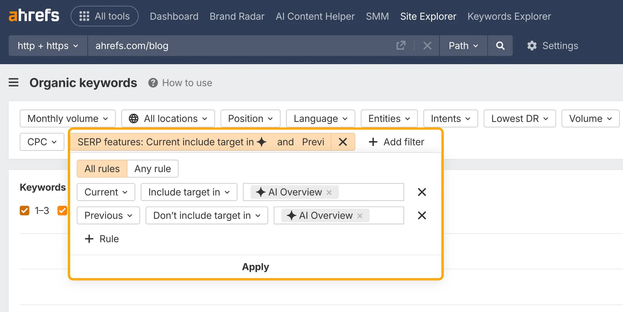 2. Ahrefs (AI SERP Feature Monitoring)